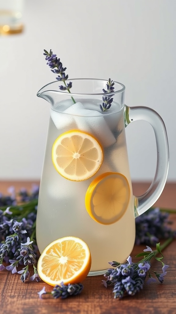 A pitcher of lavender lemonade with lemon slices and lavender sprigs