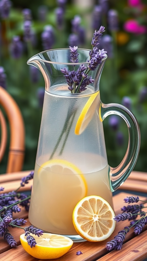 A refreshing pitcher of Lavender Lemonade Sangria with lemon slices and lavender sprigs.