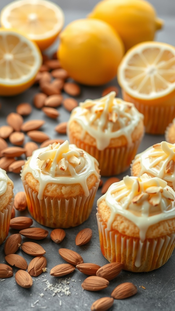 Lemon Almond Cupcakes with a citrus drizzle and almond topping
