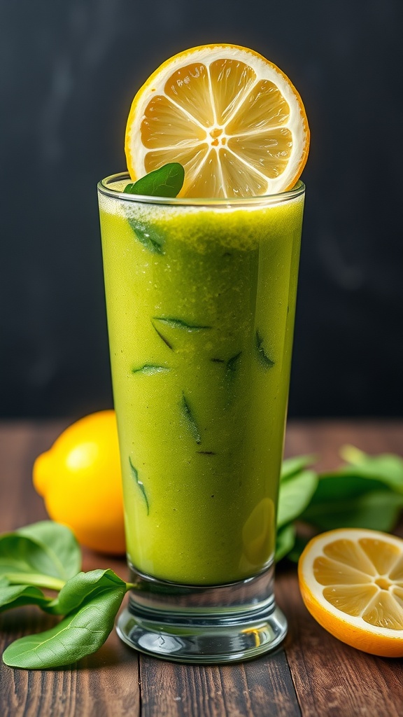 A refreshing lemon and spinach smoothie in a glass, garnished with a lemon slice.