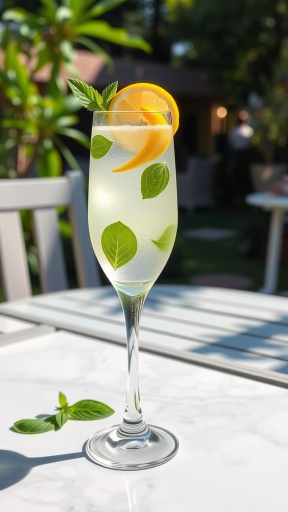 A tall glass of Lemon Basil Gin Fizz with basil leaves and lemon garnish on a table.