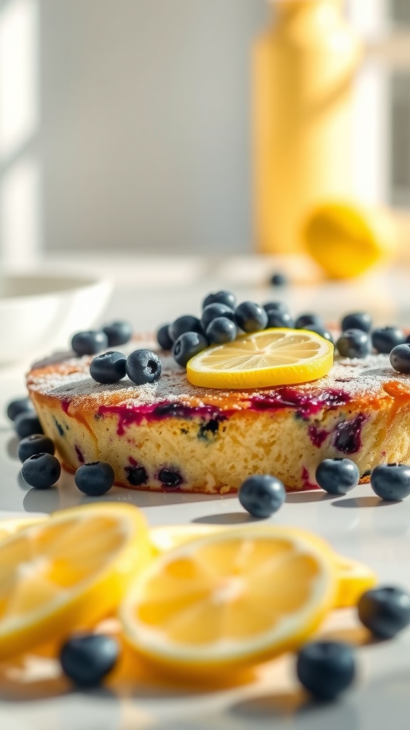 A delicious Lemon Blueberry Bliss dump cake topped with fresh blueberries and lemon slices.