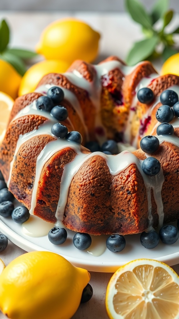 A vibrant Lemon Blueberry Bundt Cake topped with blueberries and a drizzle of glaze, surrounded by fresh lemons.