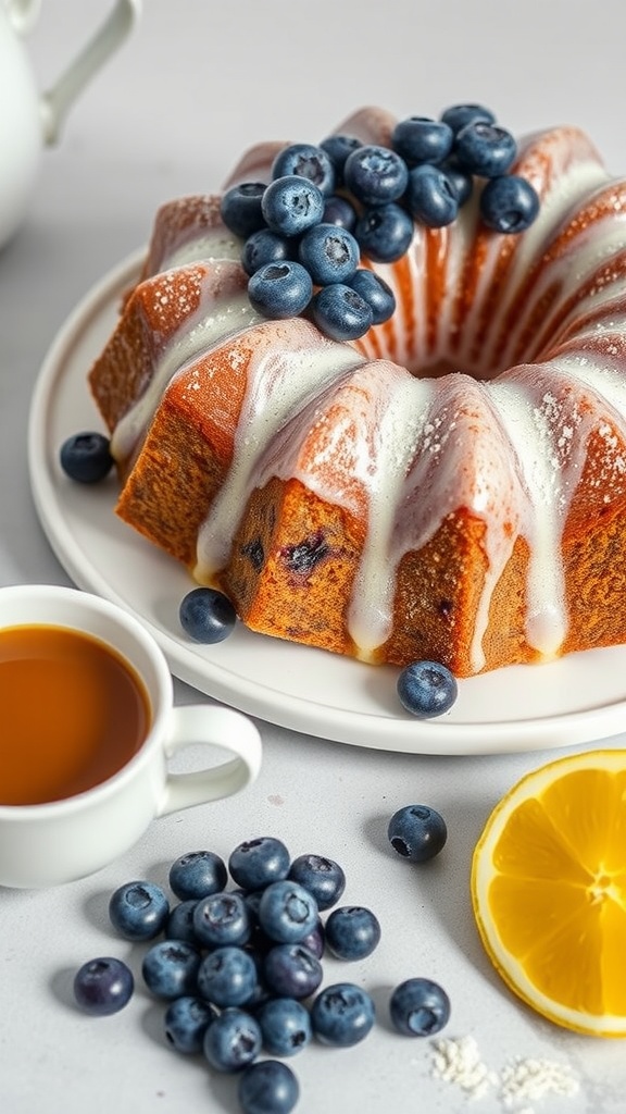 A beautifully decorated Lemon Blueberry Bundt Cake with blueberries and a glaze on a plate.