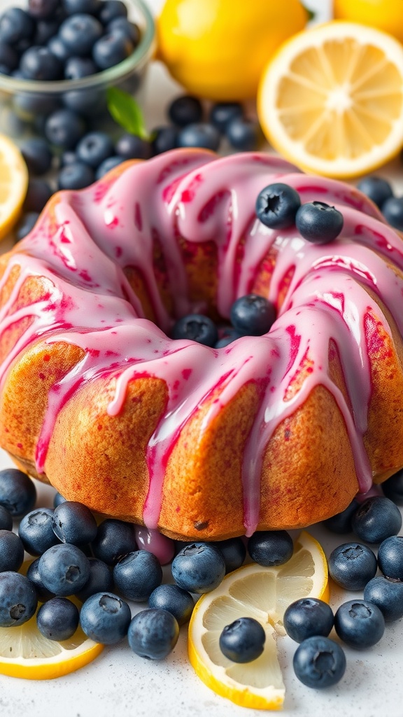 Lemon Blueberry Bundt Cake drizzled with glaze and surrounded by fresh blueberries and lemon slices