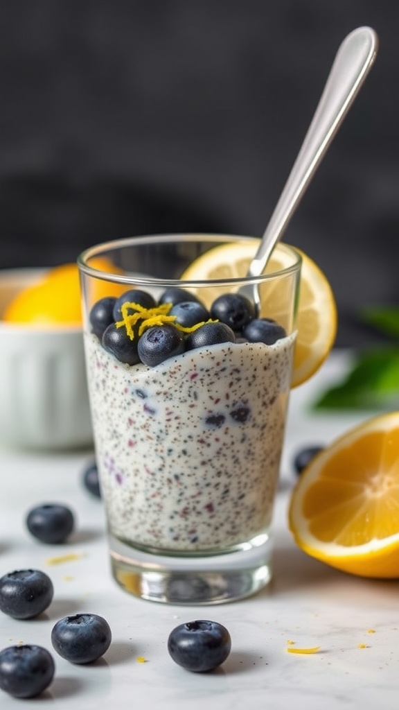 A glass of Lemon Blueberry Chia Pudding topped with blueberries and lemon slices, surrounded by fresh ingredients.