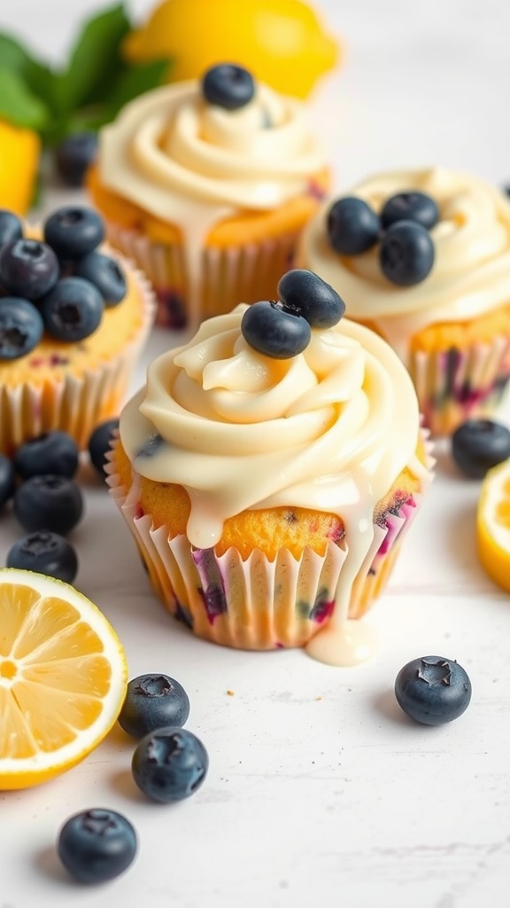 Delicious lemon blueberry cupcakes with a tangy glaze and fresh blueberries on top.