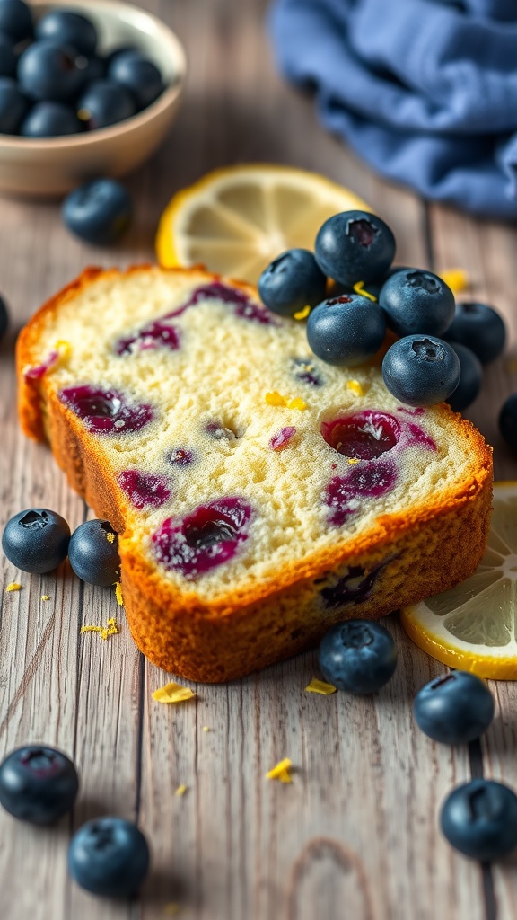 Lemon Blueberry Pound Cake with fresh blueberries and lemon slices