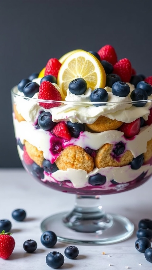 Lemon Blueberry Trifle with layers of cake, cream, and berries