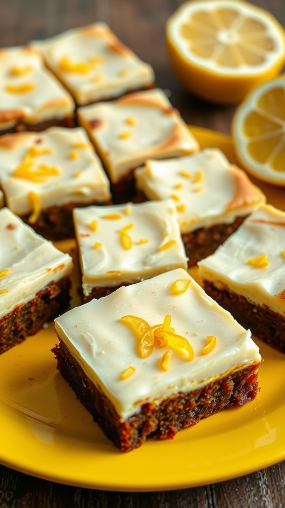 Lemon cheesecake brownies on a yellow plate with lemon slices