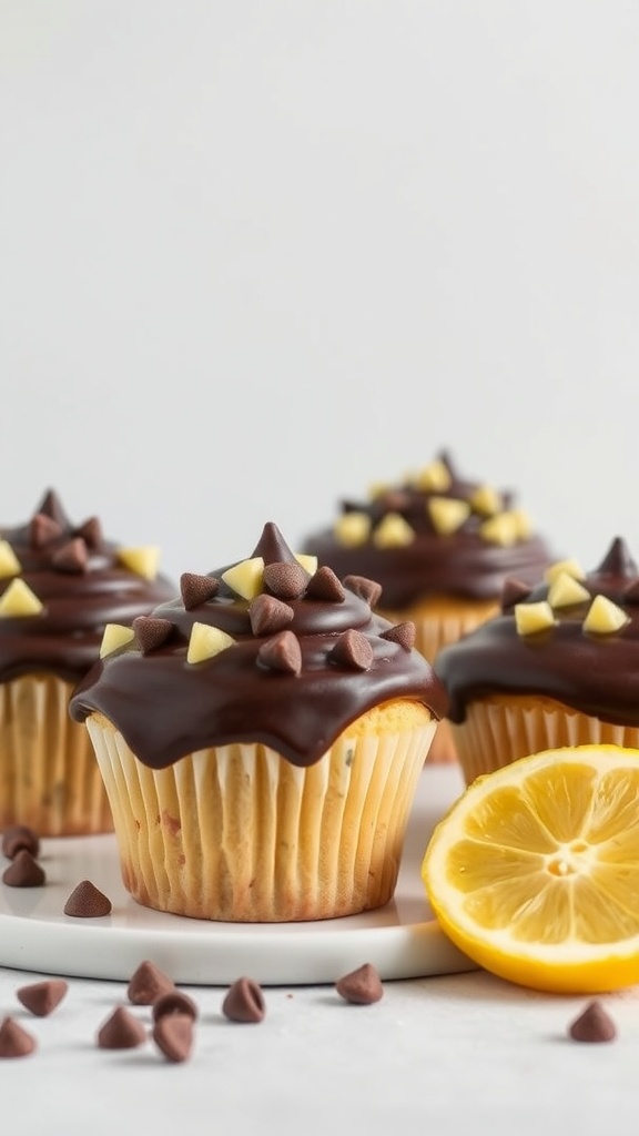 Lemon chocolate chip cupcakes with chocolate ganache and lemon slice.
