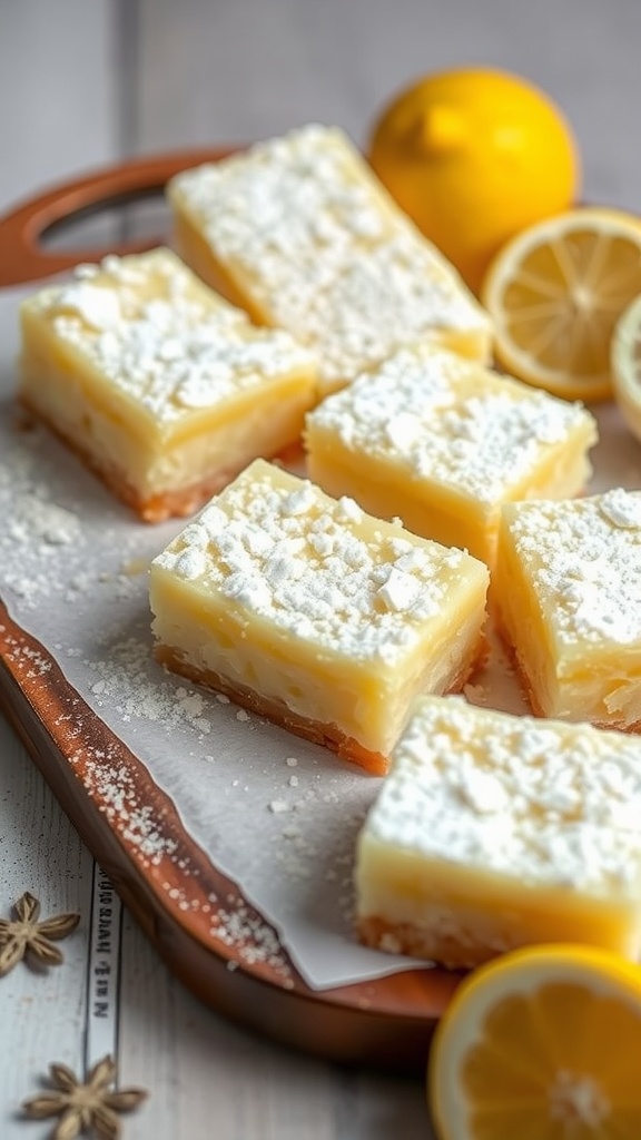 Plate of lemon coconut bars garnished with lemon slices