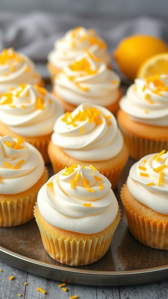 Delicious lemon cream cupcakes topped with citrus zest.