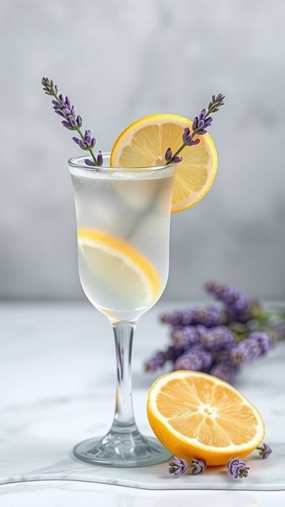 A refreshing Lemon Lavender drink garnished with lemon slices and lavender sprigs.