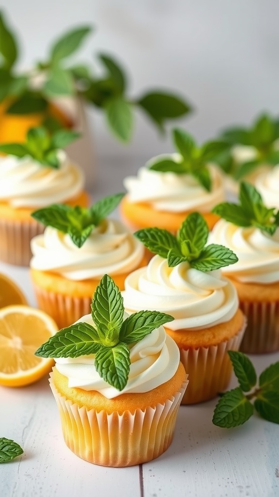 Lemon mint cupcakes with fresh mint leaves on top