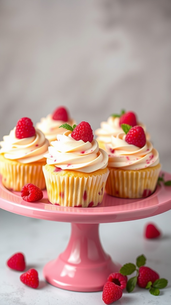 Lemon raspberry swirl cupcakes topped with fresh raspberries
