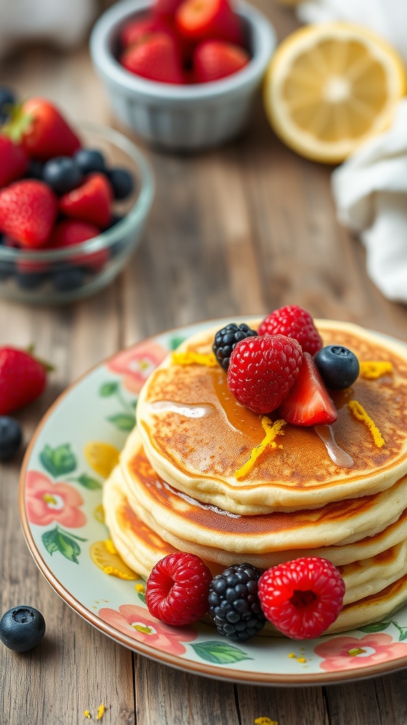 Fluffy lemon ricotta pancakes topped with fresh berries and syrup