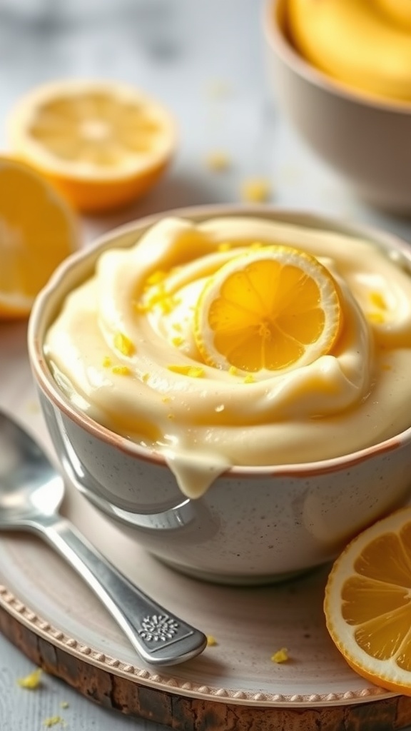 A creamy bowl of lemon zest banana pudding topped with a lemon slice.