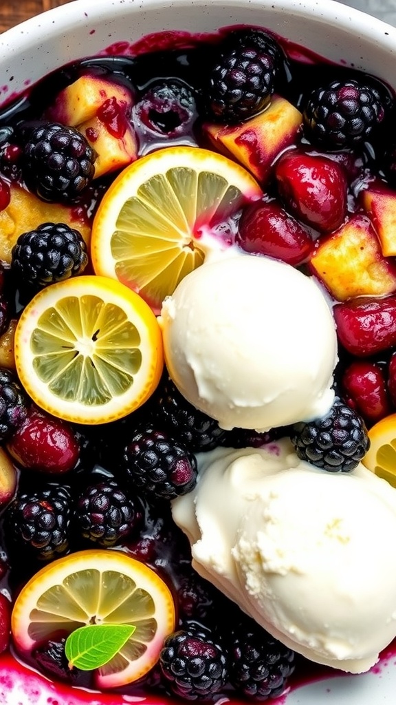 A delicious bowl of lemon zest infused blackberry cobbler topped with vanilla ice cream and fresh blackberries.