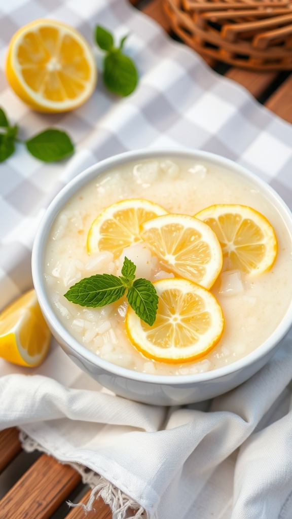 A bowl of lemon zest rice pudding topped with lemon slices and mint leaves.