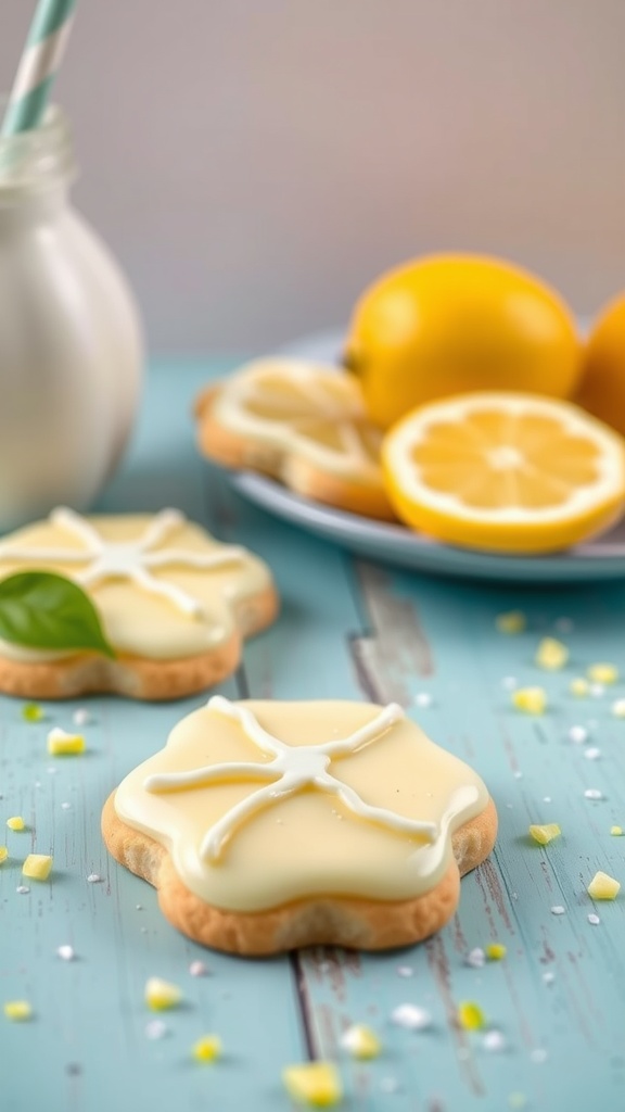 Lemon zest sugar cookies on a blue table with lemons in the background