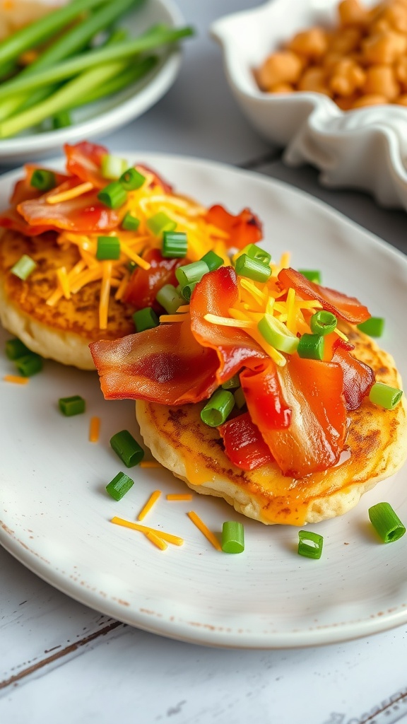 Delicious loaded potato pancakes topped with bacon, cheese, and green onions.
