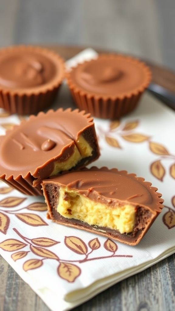 Delicious low-carb peanut butter cups on a plate with a bite taken out of one.