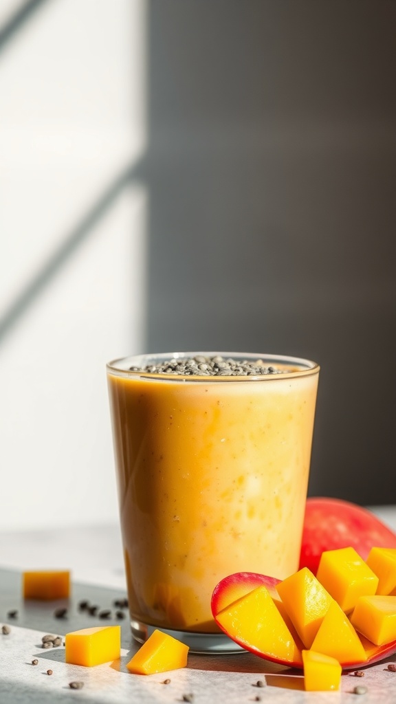 A glass of mango smoothie topped with chia seeds, surrounded by fresh mango chunks.