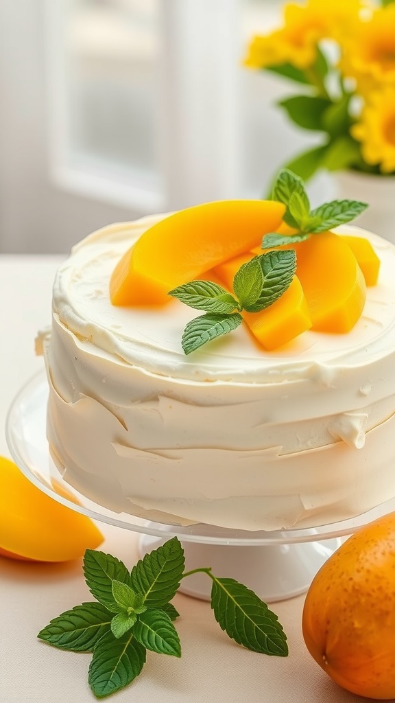 A delicious mango chiffon cake topped with fresh mango slices and mint leaves, perfect for summer.