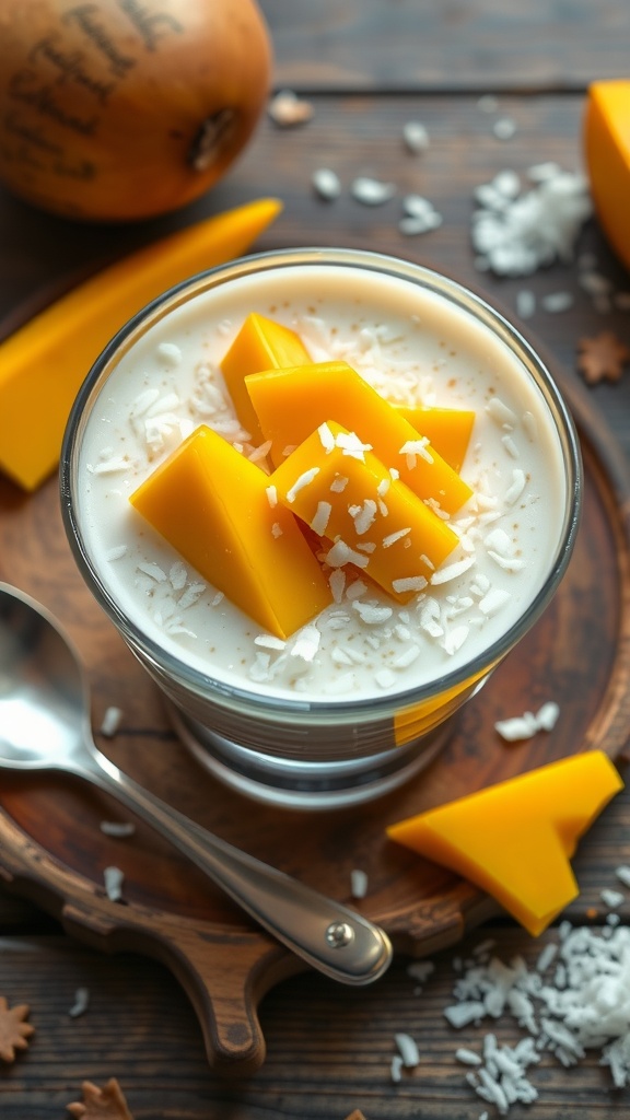 A delicious Mango Coconut Chia Bowl topped with fresh mango slices and shredded coconut.