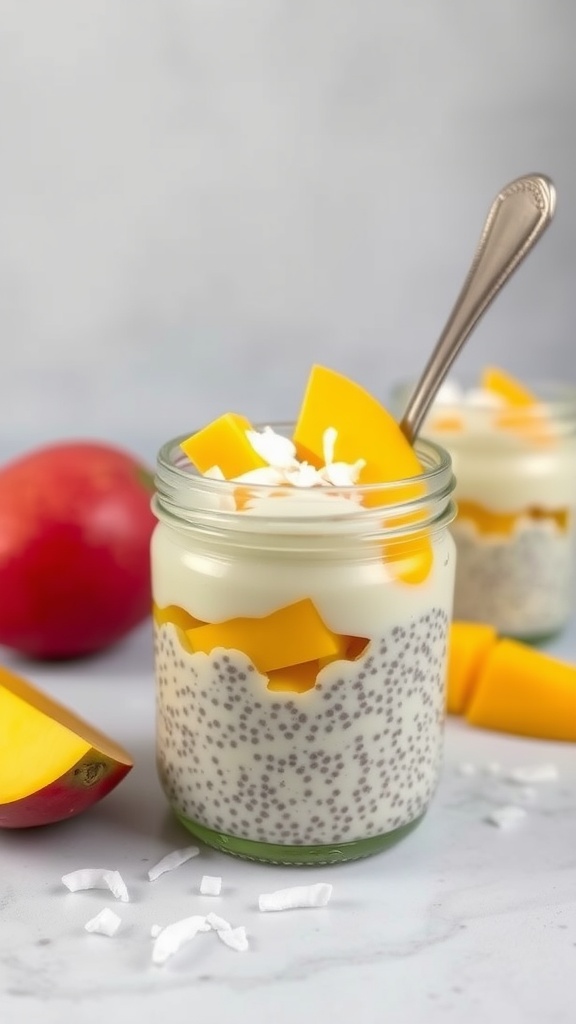 A jar of mango coconut chia pudding topped with fresh mango slices and shredded coconut.