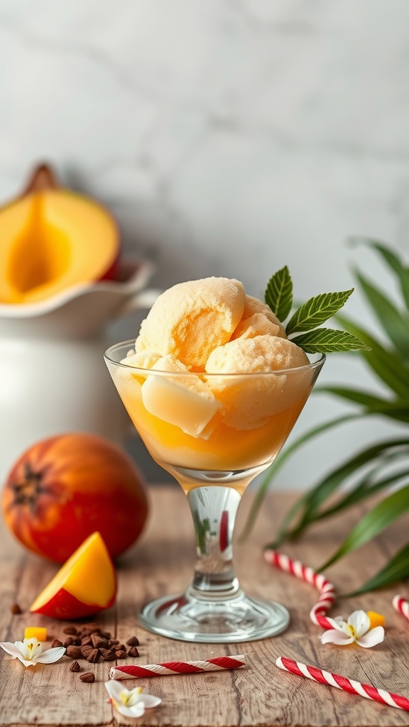 A bowl of mango coconut sorbet topped with fresh mango pieces.
