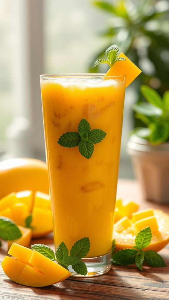 A refreshing mango mint smoothie in a tall glass garnished with mint leaves.