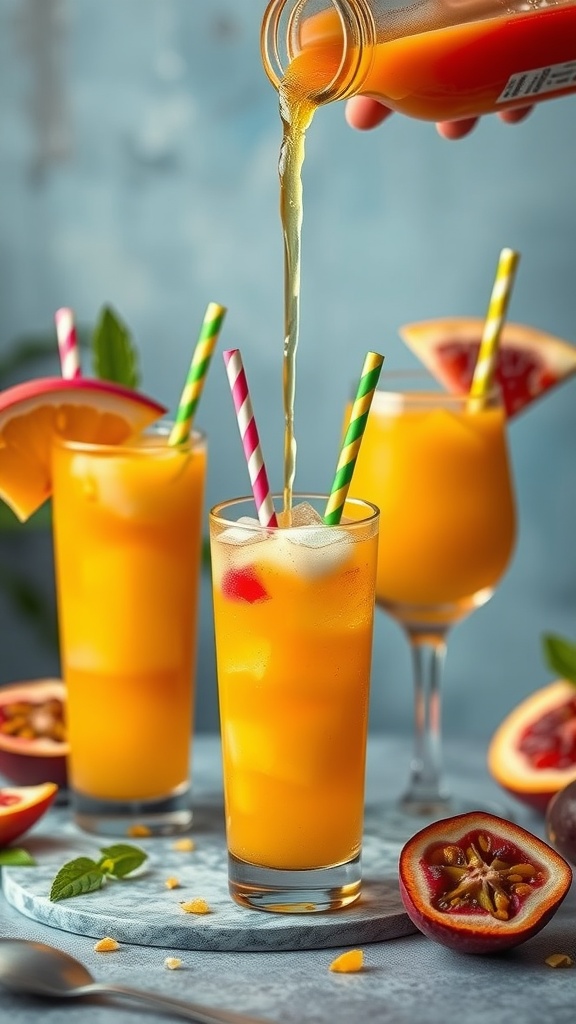 Bright yellow tropical drink served in glasses with colorful straws and garnishes.