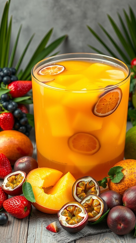 A refreshing glass of Mango Passionfruit Sangria surrounded by fresh fruits.
