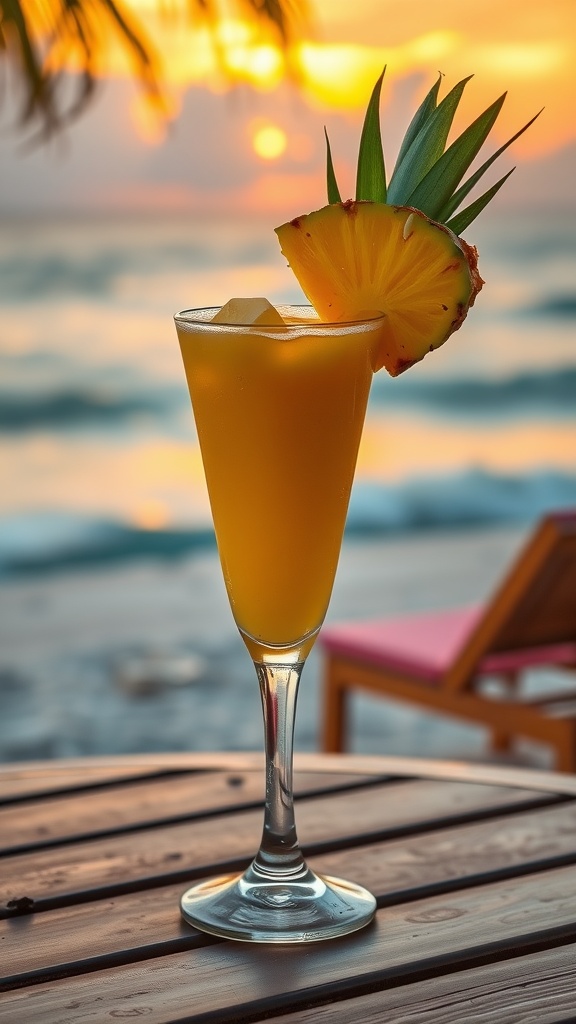 A vibrant Mango Pineapple Daiquiri garnished with a slice of pineapple, set against a sunset backdrop.