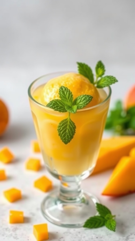 A glass of mango sorbet with mint leaves garnishing the top.