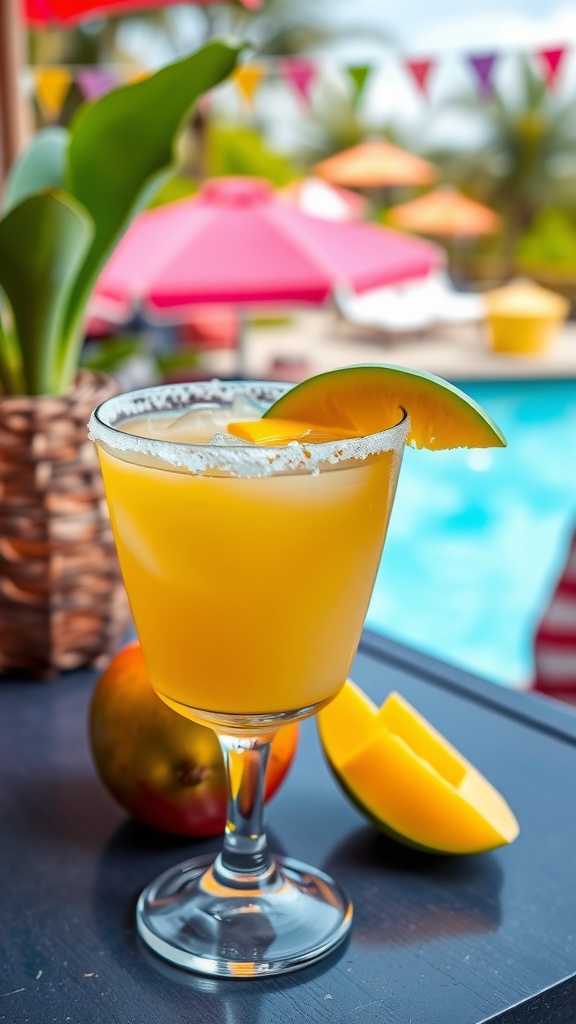 A refreshing Mango Tango Margarita served in a glass with mango slices and lime garnish.