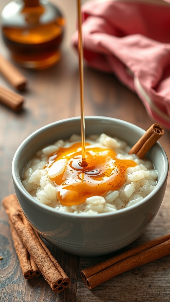 A bowl of creamy rice pudding topped with a drizzle of maple syrup and cinnamon sticks.