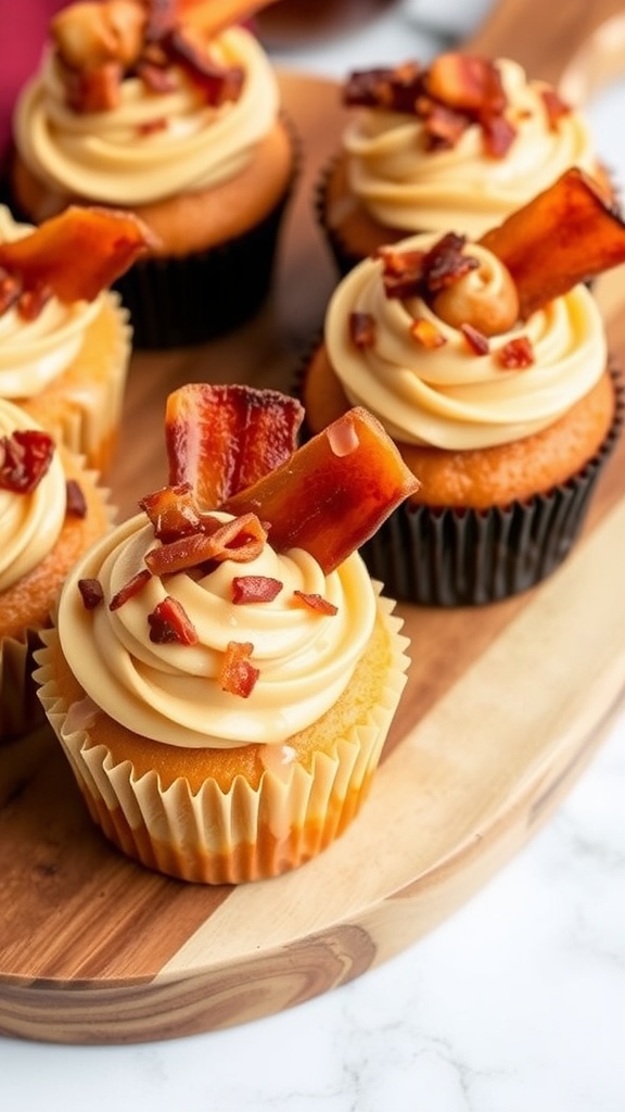 Delicious maple bacon cupcakes topped with maple frosting and crispy bacon bits