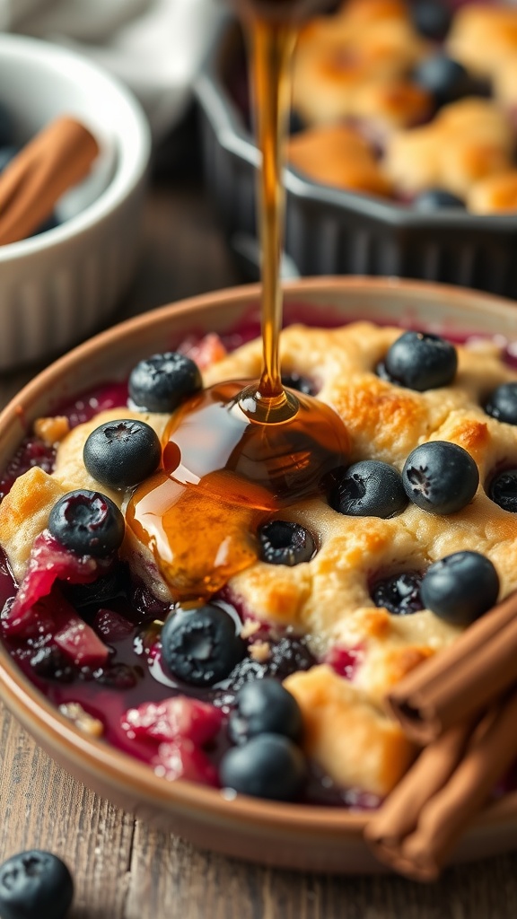 A delicious maple blueberry cobbler topped with blueberries and drizzled with syrup.