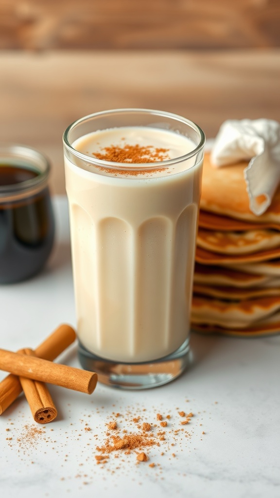 A maple cinnamon breakfast smoothie in a glass with cinnamon sticks and pancakes in the background.
