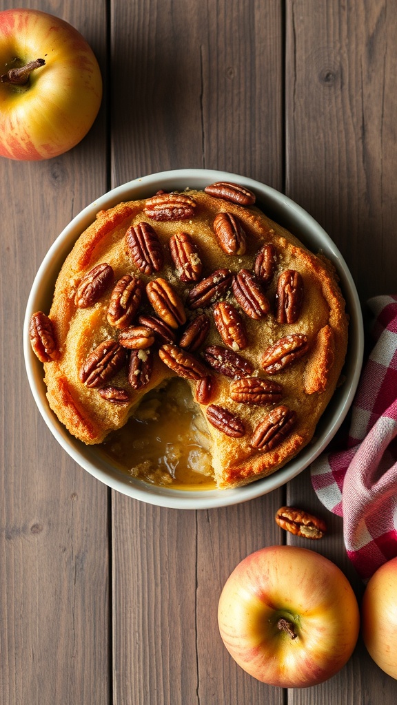 A warm and inviting maple pecan apple cobbler with a buttery top layer and crunchy pecans.