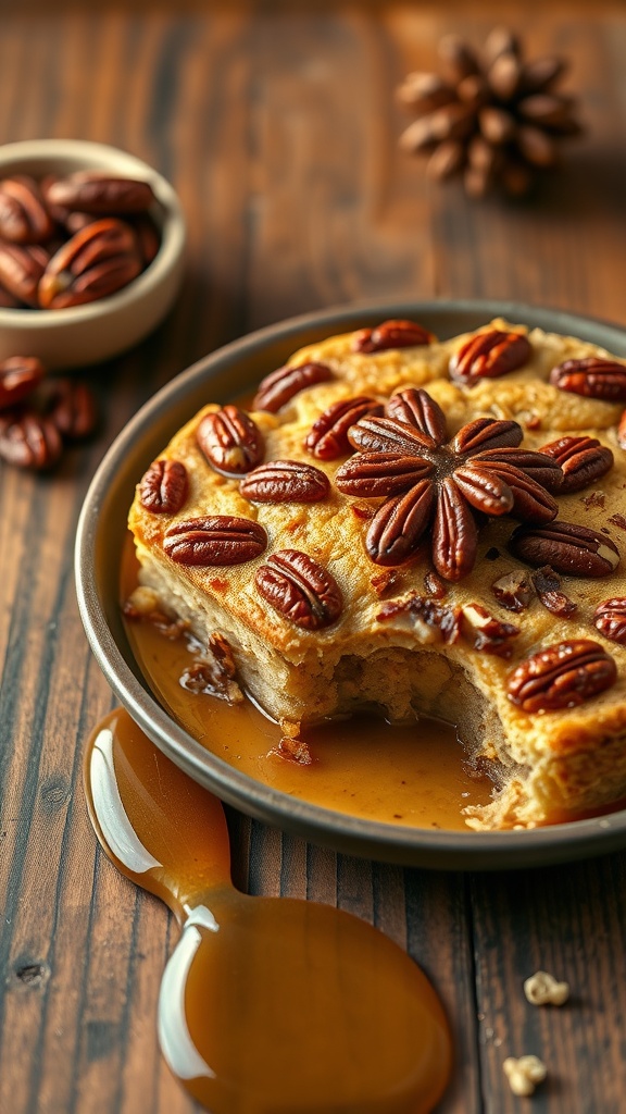 A delicious serving of Maple Pecan Bread Pudding topped with pecans and drizzled with maple syrup.
