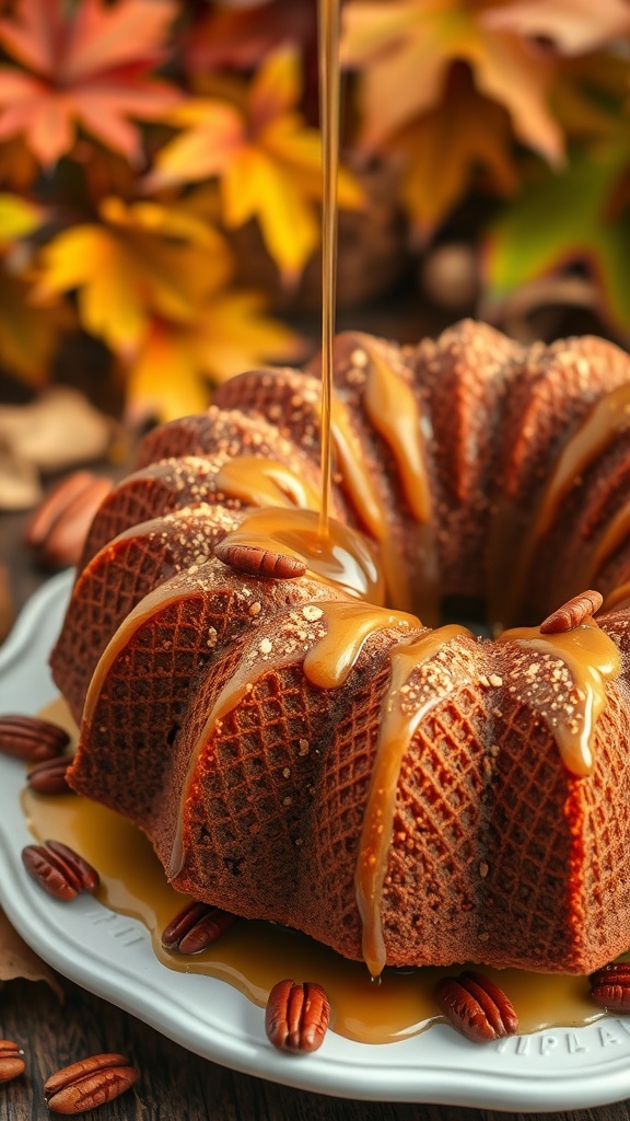 Moist and delicious Maple Pecan Bundt Cake topped with maple syrup and pecans.