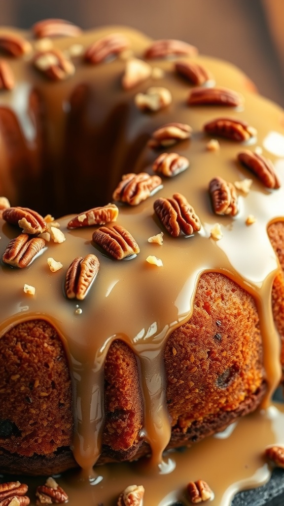 A delicious Maple Pecan Coffee Cake with a caramel drizzle and chopped pecans on top.