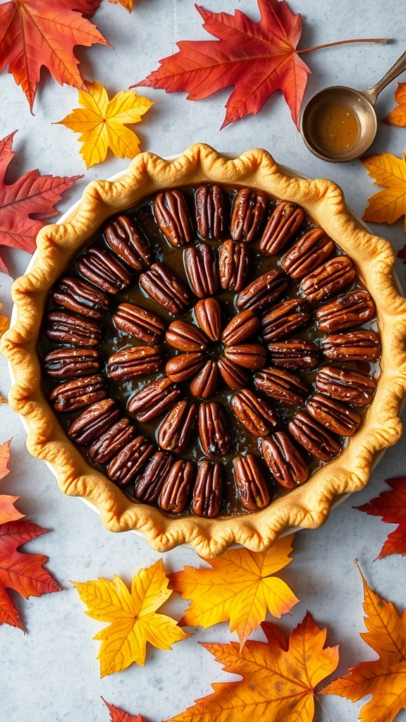 A beautifully arranged Maple Pecan Pie with shiny pecans on a golden crust.