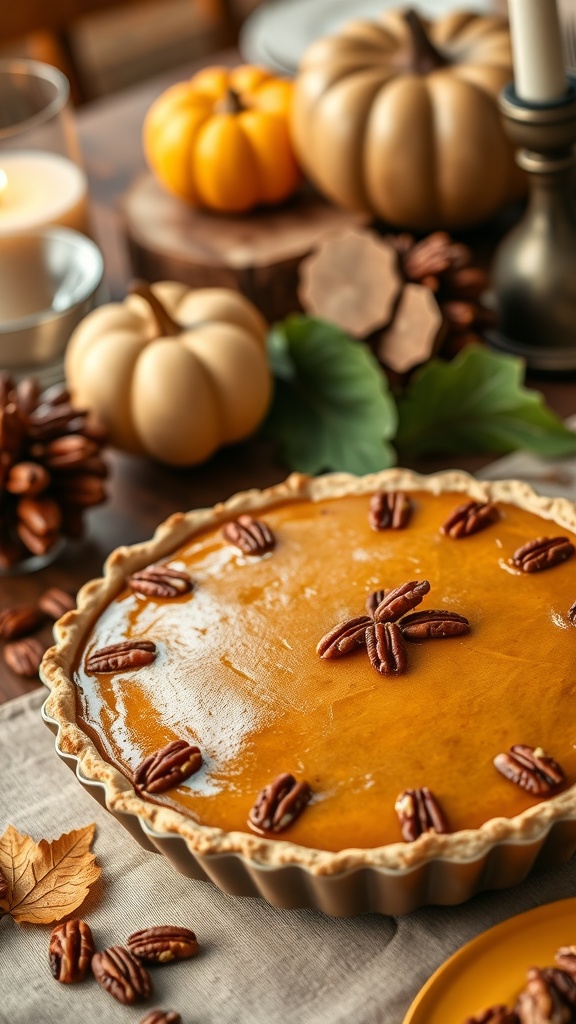 A beautifully arranged Maple Pecan Pumpkin Pie surrounded by autumnal decorations.