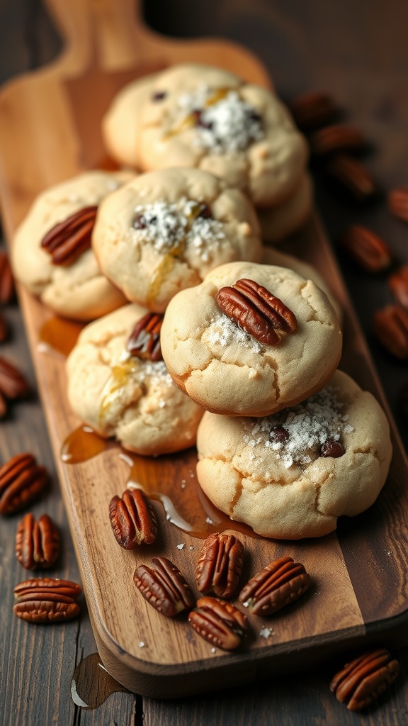 Delicious maple pecan sugar cookies stacked on a wooden platter with pecans scattered around.