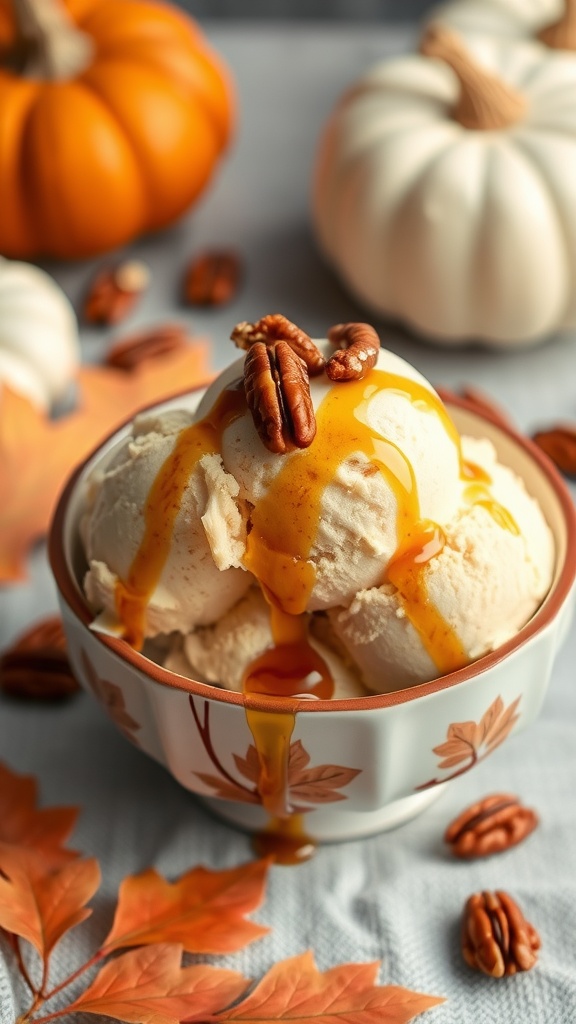 A bowl of maple pumpkin ice cream topped with pecans and syrup
